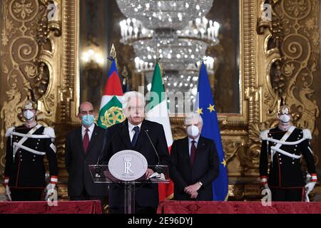 (210202) -- ROME, Feb. 2, 2021 (Xinhua) -- Italian President Sergio Mattarella (Front) speaks to the media at the Quirinale Palace in Rome, Italy, on Feb. 2, 2021. Italian President Sergio Mattarella said Tuesday he will appoint a neutral, non-partisan figure to form a government to steer the country through the coronavirus pandemic, after exploratory talks to recompose the previous government failed. (Pool via Xinhua) Stock Photo