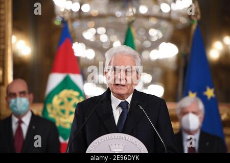(210202) -- ROME, Feb. 2, 2021 (Xinhua) -- Italian President Sergio Mattarella speaks to the media at the Quirinale Palace in Rome, Italy, on Feb. 2, 2021. Italian President Sergio Mattarella said Tuesday he will appoint a neutral, non-partisan figure to form a government to steer the country through the coronavirus pandemic, after exploratory talks to recompose the previous government failed. (Pool via Xinhua) Stock Photo