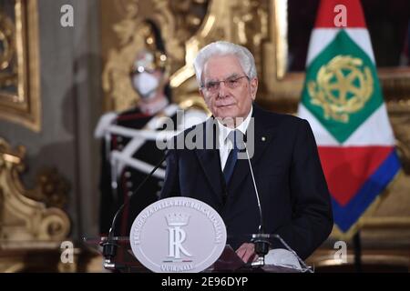 (210202) -- ROME, Feb. 2, 2021 (Xinhua) -- Italian President Sergio Mattarella speaks to the media at the Quirinale Palace in Rome, Italy, on Feb. 2, 2021. Italian President Sergio Mattarella said Tuesday he will appoint a neutral, non-partisan figure to form a government to steer the country through the coronavirus pandemic, after exploratory talks to recompose the previous government failed. (Pool via Xinhua) Stock Photo