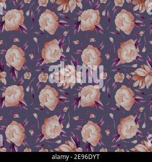 Seamless patterns. Decorative floral patterns - pink large flowers and buds with purple leaves on blue background. Watercolor. For design, decor, pack Stock Photo