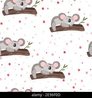 Seamless pattern with cute koala baby and hearts on white polka dots background. Funny australian animals. Card, postcards for kids. Flat vector Stock Vector