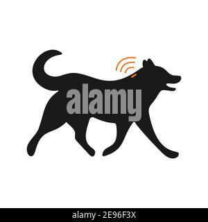 Pets microchipping concept. Dog silhouette with implant and RFID signal isolated on white background. Animals permanent identification. Vector flat illustration. Stock Vector
