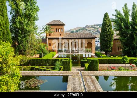 Gardens of the Partal Palace and Tower of the Ladies, Alhambra y Generalife, Granada, Andalusia, Spain Stock Photo