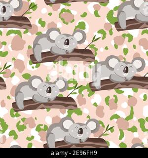 Seamless pattern with cute koala baby on colorful camouflage background. Funny australian animals. Card, postcards for kids. Flat vector illustration Stock Vector