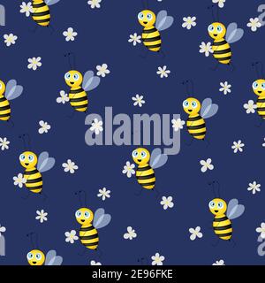 Seamless pattern with bees and flowers on blue background. Vector illustration. Adorable cartoon character. Template design for invitation, cards Stock Vector