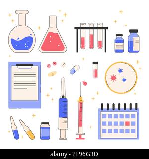 Set of vector line icons about vaccination.  Stock Vector
