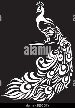 Saree Border design of Peacock with Feathers - Indian Traditional and Cultural Rangoli, Alpona, Kolam or bird motif. peacock motif.traditional peacock Stock Vector