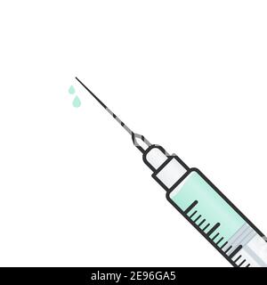 Medical syringe with drops. Diagonal composition. For vaccination, injection, medical use. Vector illustration, flat design Stock Vector