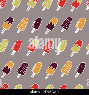 Vector grey colourful doodle of popsicle ice cream repeat pattern. Suitable for textile, gift wrap and wallpaper. Stock Vector
