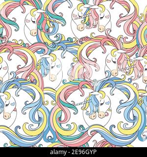 Seamless pattern with heads of unicorns with long mane isolated on white background. Vector illustration for party, print, baby shower, wallpaper, des Stock Vector