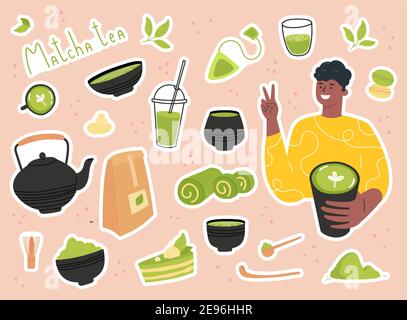 Various tea products made from matcha stickers.  Stock Vector