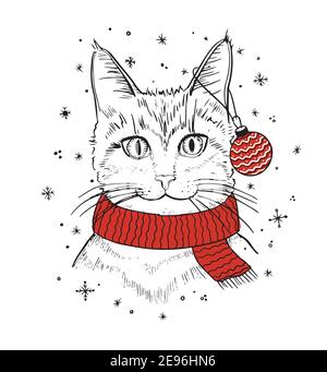 Cute kitten with Christmas ball. Funny cat. Christmas illustration can be used for greeting cards, coloring books, notebooks and stationery. Stock Vector