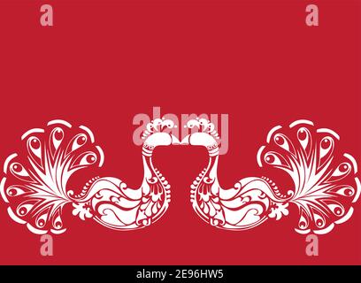 Saree Border design of Peacock with Feathers - Indian Traditional and Cultural Rangoli, Alpona, Kolam or bird motif. peacock motif.traditional peacock Stock Vector