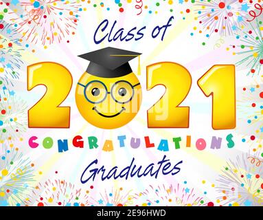 Class of 2021 year graduating banner, congrats concept. Creative funny 3D sign, class off happy holiday invitation poster. Isolated abstract graphic d Stock Vector