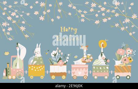 Cute cartoon bunnies and gooses with Easter eggs and flowers Stock Vector
