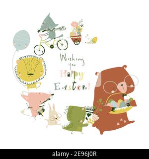 Cartoon illustration with cute animals celebrating Easter Stock Vector