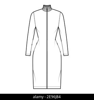 Turtleneck zip-up dress technical fashion illustration with long sleeves, knee length, fitted body, Pencil fullness. Flat apparel template front, white color. Women, men, unisex CAD mockup Stock Vector