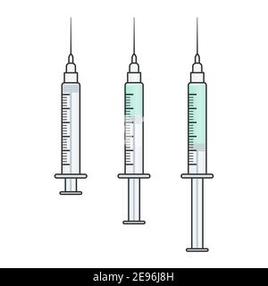 Empty syringe, half full syringe and full syringe. For vaccination, injection, medical use. Vector illustration, flat design Stock Vector