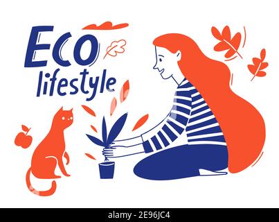 Eco lifestyle motivational vector design with woman plant a flower Stock Vector