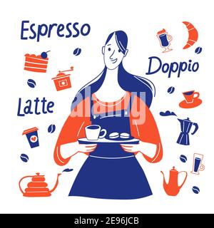 Espresso motivational vector design with barista and coffee stuff Stock Vector