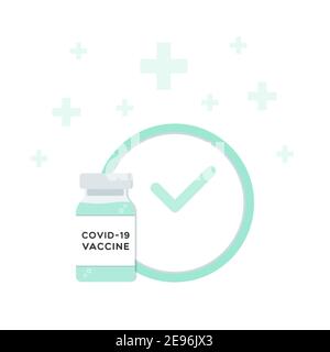 Coronavirus vaccine. Vial bottle, clock and crosses. For prevention and immunization from Covid-19. Vector illustration, flat design Stock Vector