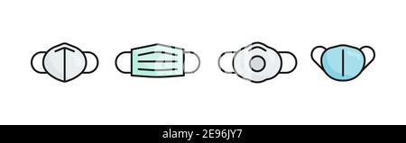 Types of facial masks. N95, FFP2, disposable medical mask, mask respirator with valve and reusable cloth mask. Coronavirus protection. Covid-19. Vecto Stock Vector