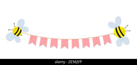 Happy birthday banner with colorful cute bees and flags isolated on white background. Holiday vector stock illustration. Baby celebration greeting and Stock Vector