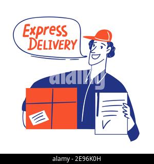 Delivery business doodle style cards design with a man Stock Vector