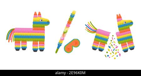 Whole and broken pinata donkey toy with eye mask and stick. Full and empty pinata isolated on white background. Traditional mexican game for birthday party. Vector flat illustration. Stock Vector
