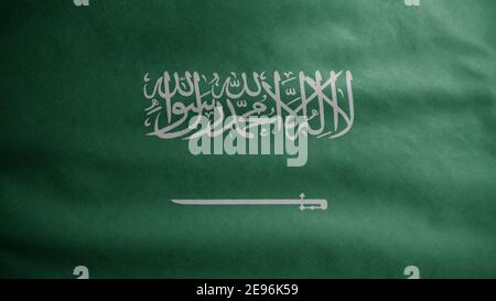 Kingdom Saudi Arabia flag waving in the wind. Close up of KSA banner blowing, soft and smooth silk. Cloth fabric texture ensign background. Use it for Stock Photo