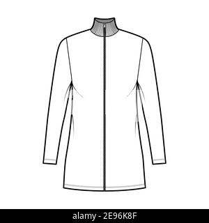 Turtleneck zip-up dress technical fashion illustration with long sleeves, mini length, oversized body, Pencil fullness. Flat apparel template front, white color. Women, men, unisex CAD mockup Stock Vector