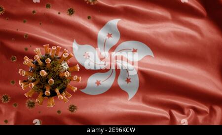 Hongkong flag waving and Coronavirus 2019 nCov concept. Asian outbreak in Hong Kong, coronaviruses influenza as dangerous flu strain cases as a pandem Stock Photo