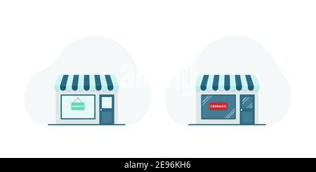 Warehouse icon set. Open and closed sign in Spanish. Abierto. Cerrado. Vector illustration, flat design Stock Vector