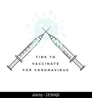 Time to vaccinate for coronavirus. Coronavirus vaccine. Two crossed syringes simulating the fight against coronavirus. For prevention and immunization Stock Vector