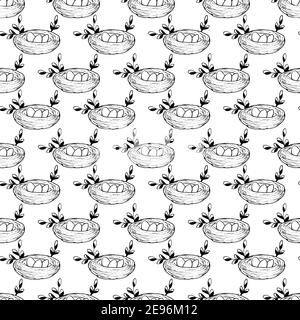 Seamless pattern with Bird's Nest, Easter eggs and branches isolated on white background. Natural interlacing. Black and white hand drawn logo. Doodle Stock Vector