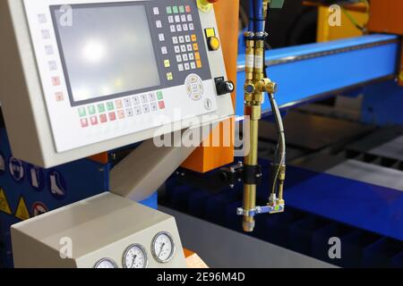 Control panel of CNC thermal cutting machine. Selective focus. Stock Photo