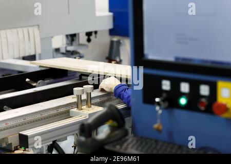 Panel processing on multi-rows woodworking drilling machine at a furniture factory. Selective focus. Stock Photo