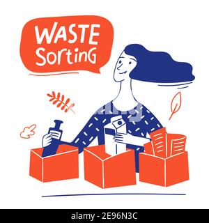 Eco lifestyle motivational vector design with waste sorting text and woman Stock Vector