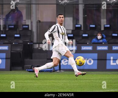 Milan, Italy. 2nd Feb, 2021. Juventus' Cristiano Ronaldo scores during the Italy Cup semifinal football match between FC Inter and FC Juventus in Milan, Italy, Feb. 2, 2021. Credit: Daniele Mascolo/Xinhua/Alamy Live News Stock Photo