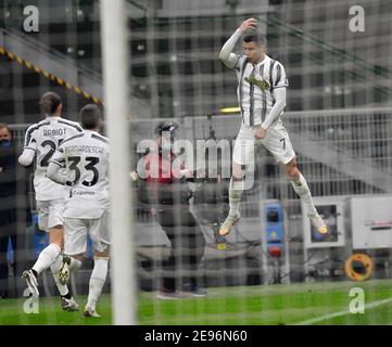 Milan, Italy. 2nd Feb, 2021. Juventus' Cristiano Ronaldo (R) celebrates during the Italy Cup semifinal football match between FC Inter and FC Juventus in Milan, Italy, Feb. 2, 2021. Credit: Daniele Mascolo/Xinhua/Alamy Live News Stock Photo