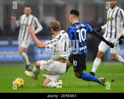 Milan, Italy. 2nd Feb, 2021. Inter's Lautaro Martinez (R) scores during the Italy Cup semifinal football match between FC Inter and FC Juventus in Milan, Italy, Feb. 2, 2021. Credit: Daniele Mascolo/Xinhua/Alamy Live News Stock Photo