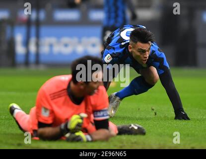 Milan, Italy. 2nd Feb, 2021. Inter's Lautaro Martinez celebrates during the Italy Cup semifinal football match between FC Inter and FC Juventus in Milan, Italy, Feb. 2, 2021. Credit: Daniele Mascolo/Xinhua/Alamy Live News Stock Photo