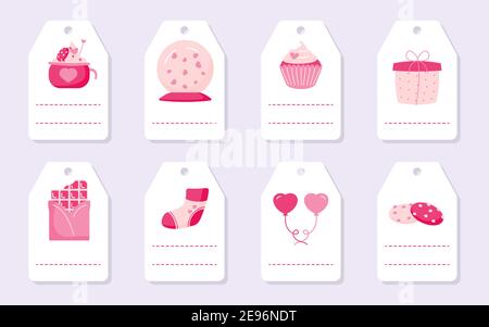Set of cute love romantic gift tags with pink hearts, cupcake balloon and chocolate. Valentines Day cards and labels with place for text. Background templates for greeting stickers Vector illustration Stock Vector