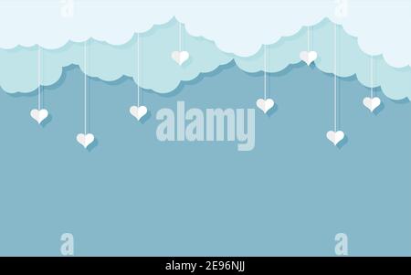 Blue clouds with hanging white hearts paper cut style. Background for Valentine day with place for text. Cloudy sky, heaven scene layered effect. Love romantic border for banner. Vector illustration Stock Vector