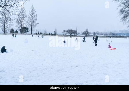 New York, United States. 02nd Feb, 2021. Kids and adults play in Battery Park covered with snow after major snowfall the day before brought more than foot on the ground in New York on February 2, 2021. (Photo by Lev Radin/Sipa USA) Credit: Sipa USA/Alamy Live News Stock Photo