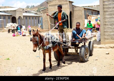 A donkey cart carrying goods to the Aksum market in Tigray, Ethiopia. Stock Photo