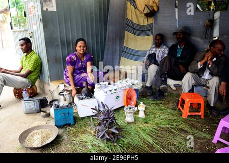 A traditional small Ethiopian coffee house serving Ethiopian coffee. Stock Photo