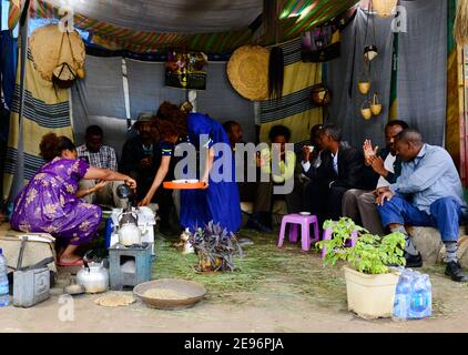 A traditional small Ethiopian coffee house serving Ethiopian coffee. Stock Photo