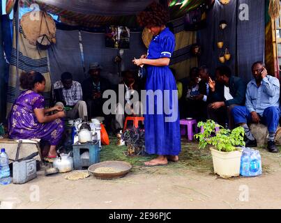 A traditional small Ethiopian coffee house serving Ethiopian coffee. Stock Photo