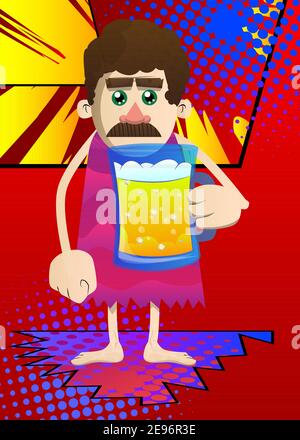 Cartoon prehistoric man drinking beer. Vector illustration of a man from the stone age. Stock Vector